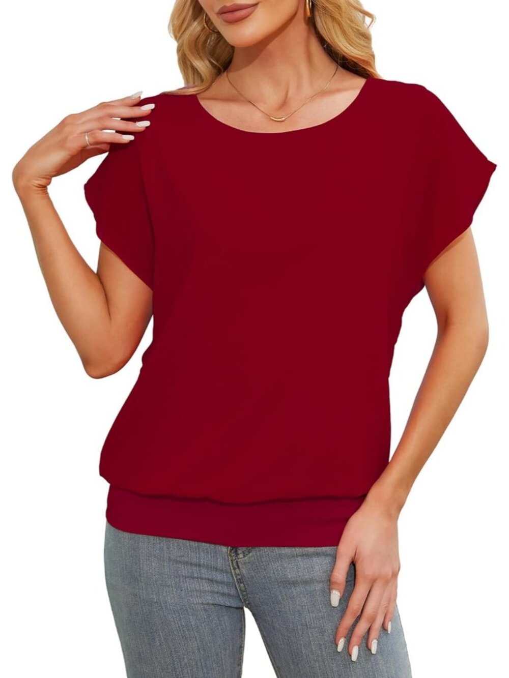 Women Wine Red Comfortable Flutter Short Sleeve Chiffon Blouse Casual Dressy Top